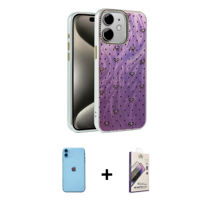 MARSİLYAN™- iPhone 11 Kılıf Zirve Modern Prime - Siyah Bilvis 3D Mat Cam Ekran Koruyucu + Neon Fosforlu Kamera Lens - MI