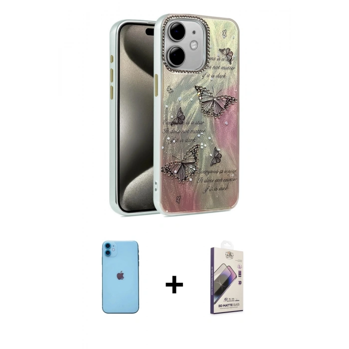 MARSİLYAN™- iPhone 11 Kılıf Zirve Modern Prime - Siyah Bilvis 3D Mat Cam Ekran Koruyucu + Neon Fosforlu Kamera Lens - MI