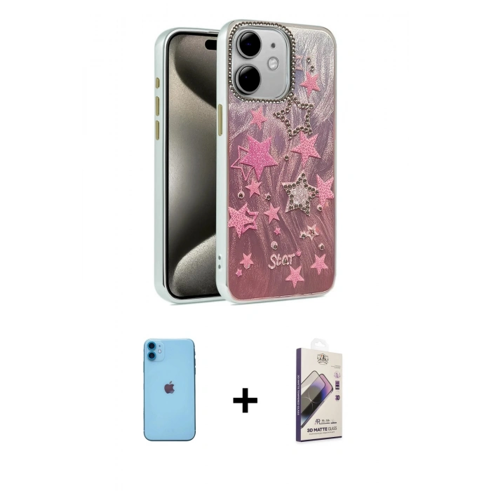 MARSİLYAN™- iPhone 11 Kılıf Zirve Modern Prime - Siyah Bilvis 3D Mat Cam Ekran Koruyucu + Neon Fosforlu Kamera Lens - MI