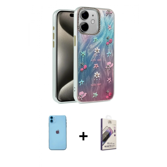 MARSİLYAN™- iPhone 11 Kılıf Zirve Modern Prime - Siyah Bilvis 3D Mat Cam Ekran Koruyucu + Neon Fosforlu Kamera Lens - MI