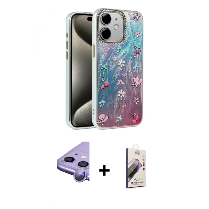 MARSİLYAN™- iPhone 11 Kılıf Zirve Modern Prime - Siyah Bilvis 3D Mat Cam Ekran Koruyucu + Raze Metal Kamera Lens - MR