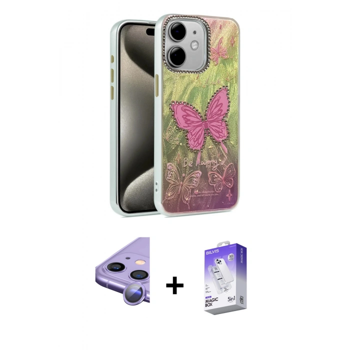 MARSİLYAN™- iPhone 11 Kılıf Zirve Modern Prime - Siyah Bilvis 5in1 3D Magic Cam Ekran Koruyucu + Raze Metal Kamera Lens - MR