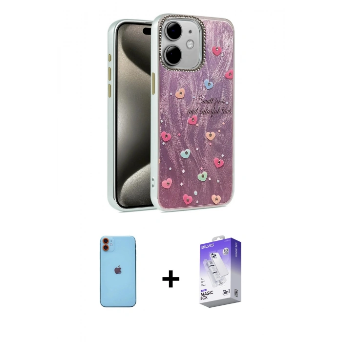 MARSİLYAN™- iPhone 11 Kılıf Zirve Modern Prime - Siyah Bilvis 5in1 3D Magic Cam Ekran Koruyucu + Neon Fosforlu Kamera Lens - TU