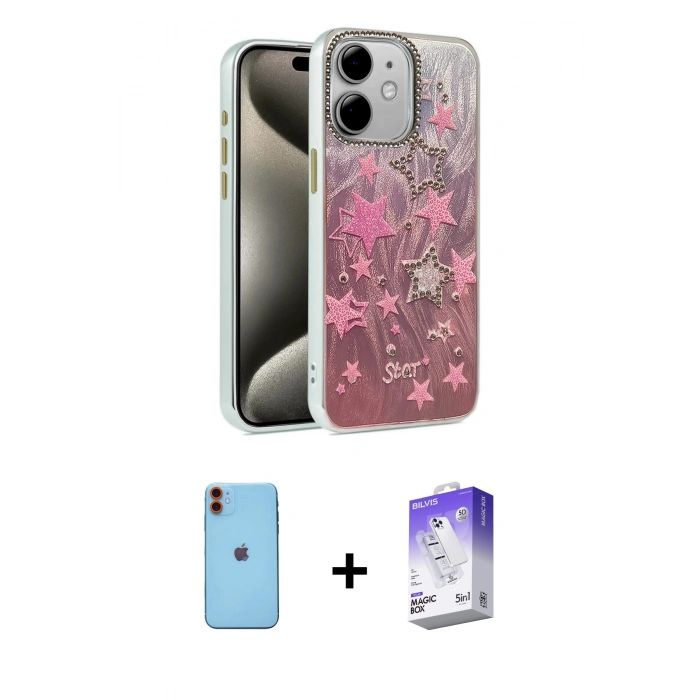 MARSİLYAN™- iPhone 11 Kılıf Zirve Modern Prime - Siyah Bilvis 5in1 3D Magic Cam Ekran Koruyucu + Neon Fosforlu Kamera Lens - TU