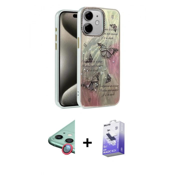 MARSİLYAN™- iPhone 11 Kılıf Zirve Modern Prime - Siyah Bilvis 5in1 5D Magic Hayalet Cam Ekran Koruyucu + Raze Metal Kamera Lens - KI