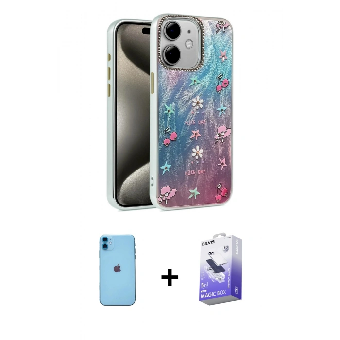 MARSİLYAN™- iPhone 11 Kılıf Zirve Modern Prime - Siyah Bilvis 5in1 5D Magic Hayalet Cam Ekran Koruyucu + Neon Fosforlu Kamera Lens - MI