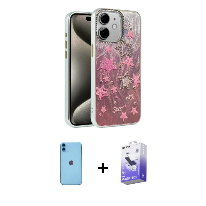 MARSİLYAN™- iPhone 11 Kılıf Zirve Modern Prime - Siyah Bilvis 5in1 5D Magic Hayalet Cam Ekran Koruyucu + Neon Fosforlu Kamera Lens - MI