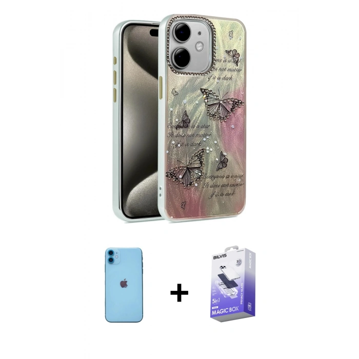 MARSİLYAN™- iPhone 11 Kılıf Zirve Modern Prime - Siyah Bilvis 5in1 5D Magic Hayalet Cam Ekran Koruyucu + Neon Fosforlu Kamera Lens - MI