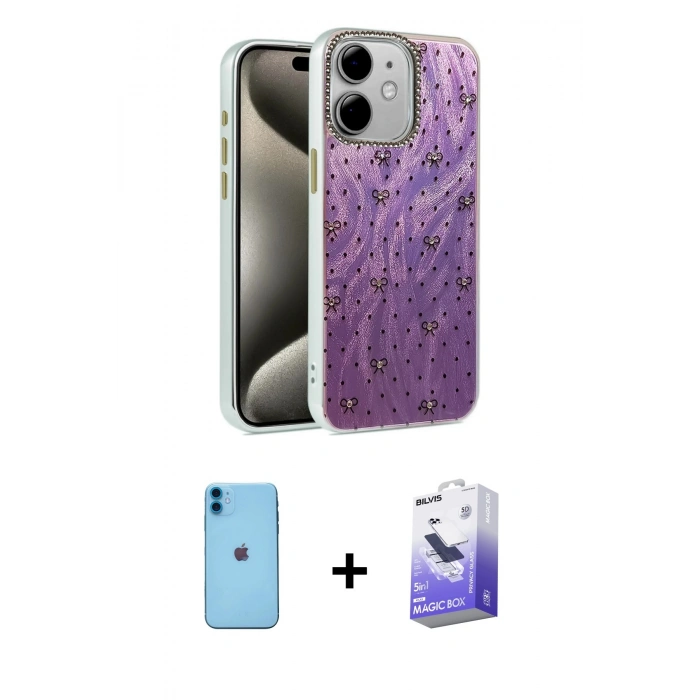MARSİLYAN™- iPhone 11 Kılıf Zirve Modern Prime - Siyah Bilvis 5in1 5D Magic Hayalet Cam Ekran Koruyucu + Neon Fosforlu Kamera Lens - MI