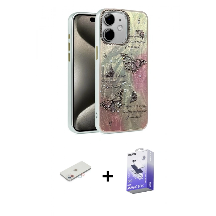 MARSİLYAN™- iPhone 11 Kılıf Zirve Modern Prime - Siyah Bilvis 5in1 5D Magic Hayalet Cam Ekran Koruyucu + Renkli Kamera Lens Koruma Cam - PE