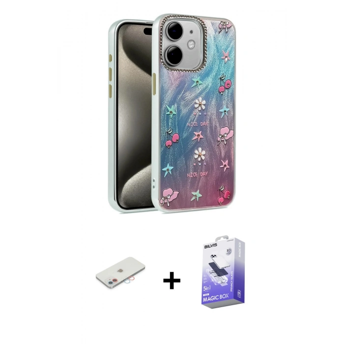 MARSİLYAN™- iPhone 11 Kılıf Zirve Modern Prime - Siyah Bilvis 5in1 5D Magic Hayalet Cam Ekran Koruyucu + Renkli Kamera Lens Koruma Cam - PE