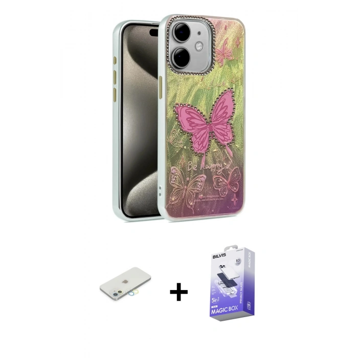 MARSİLYAN™- iPhone 11 Kılıf Zirve Modern Prime - Siyah Bilvis 5in1 5D Magic Hayalet Cam Ekran Koruyucu + Renkli Kamera Lens Koruma Cam - SI