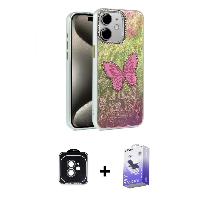 MARSİLYAN™- iPhone 11 Kılıf Zirve Modern Prime - Siyah Bilvis 5in1 5D Magic Hayalet Cam Ekran Koruyucu + PVD Metal Kamera Lens - SH