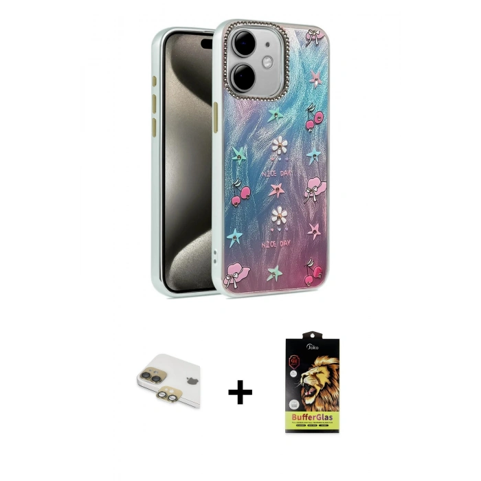 MARSİLYAN™- iPhone 11 Kılıf Zirve Modern Prime - Siyah Buffer Cam Ekran Koruyucu + Gold Pers Alüminyum Kamera Lens