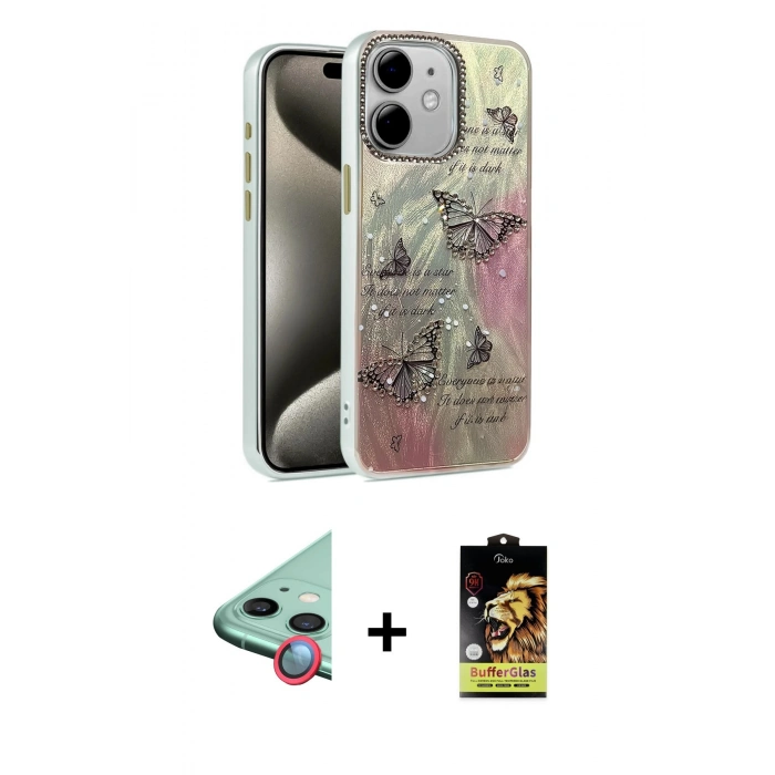 MARSİLYAN™- iPhone 11 Kılıf Zirve Modern Prime - Siyah Buffer Cam Ekran Koruyucu + Raze Metal Kamera Lens - KI