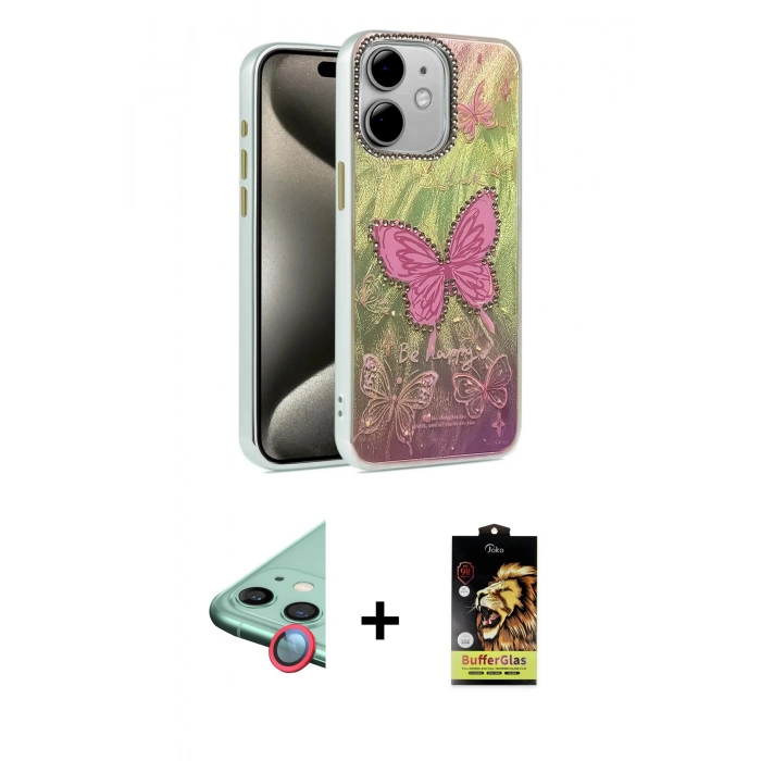 MARSİLYAN™- iPhone 11 Kılıf Zirve Modern Prime - Siyah Buffer Cam Ekran Koruyucu + Raze Metal Kamera Lens - KI