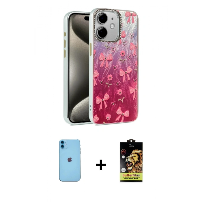 MARSİLYAN™- iPhone 11 Kılıf Zirve Modern Prime - Siyah Buffer Cam Ekran Koruyucu + Neon Fosforlu Kamera Lens - MI