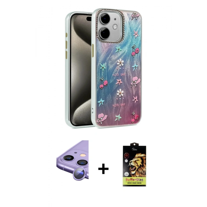 MARSİLYAN™- iPhone 11 Kılıf Zirve Modern Prime - Siyah Buffer Cam Ekran Koruyucu + Mor Raze Metal Kamera Lens