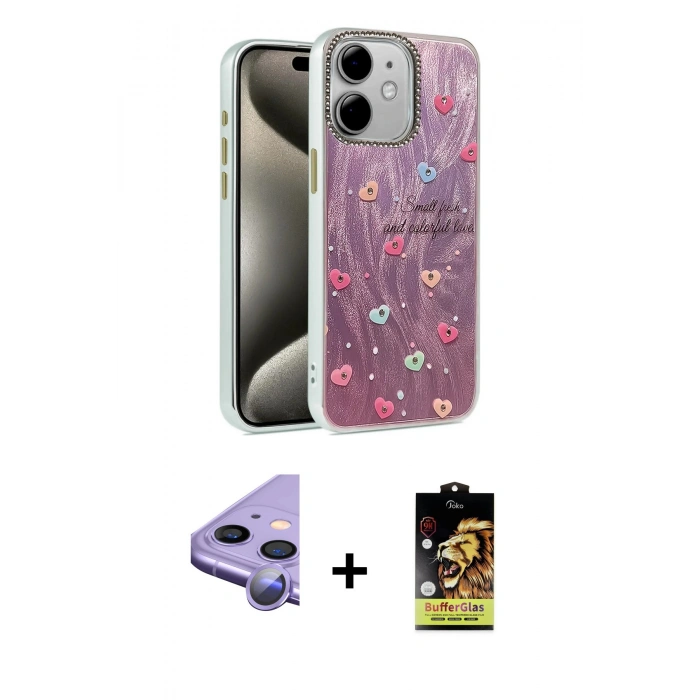 MARSİLYAN™- iPhone 11 Kılıf Zirve Modern Prime - Siyah Buffer Cam Ekran Koruyucu + Mor Raze Metal Kamera Lens