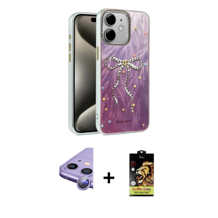 MARSİLYAN™- iPhone 11 Kılıf Zirve Modern Prime - Siyah Buffer Cam Ekran Koruyucu + Mor Raze Metal Kamera Lens