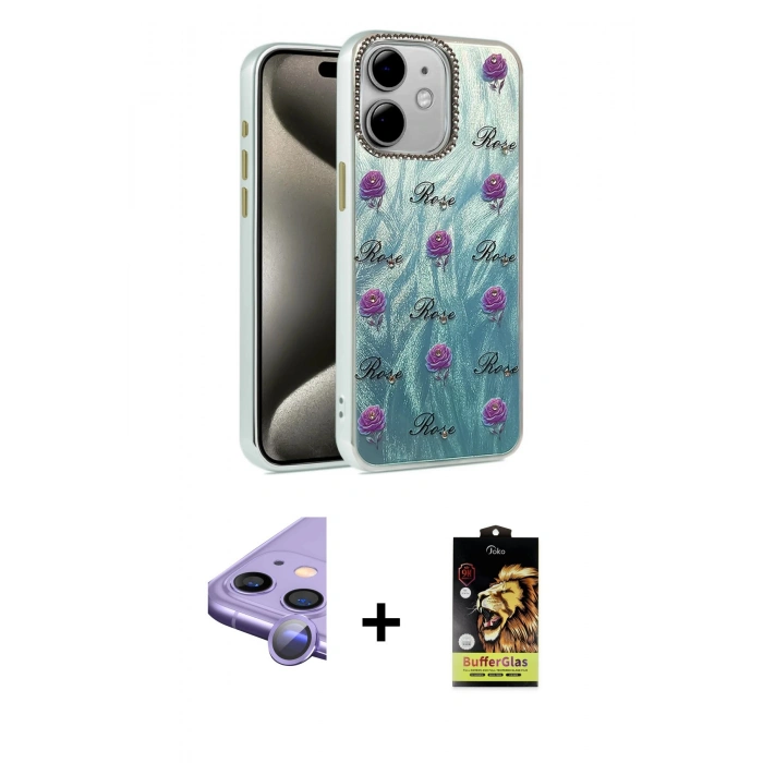 MARSİLYAN™- iPhone 11 Kılıf Zirve Modern Prime - Siyah Buffer Cam Ekran Koruyucu + Mor Raze Metal Kamera Lens
