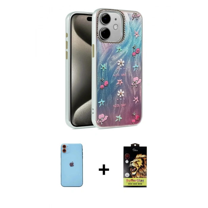 MARSİLYAN™- iPhone 11 Kılıf Zirve Modern Prime - Siyah Buffer Cam Ekran Koruyucu + Neon Fosforlu Kamera Lens - TU