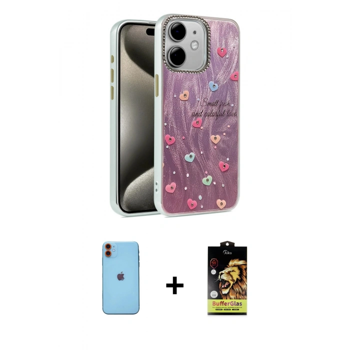 MARSİLYAN™- iPhone 11 Kılıf Zirve Modern Prime - Siyah Buffer Cam Ekran Koruyucu + Neon Fosforlu Kamera Lens - TU