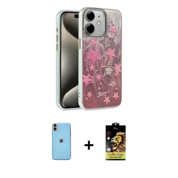 MARSİLYAN™- iPhone 11 Kılıf Zirve Modern Prime - Siyah Buffer Cam Ekran Koruyucu + Neon Fosforlu Kamera Lens - TU