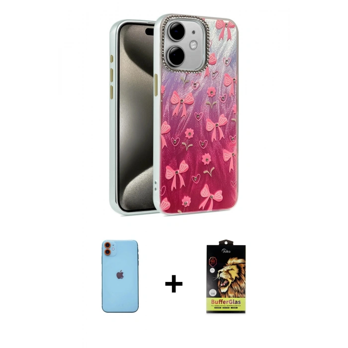 MARSİLYAN™- iPhone 11 Kılıf Zirve Modern Prime - Siyah Buffer Cam Ekran Koruyucu + Neon Fosforlu Kamera Lens - TU