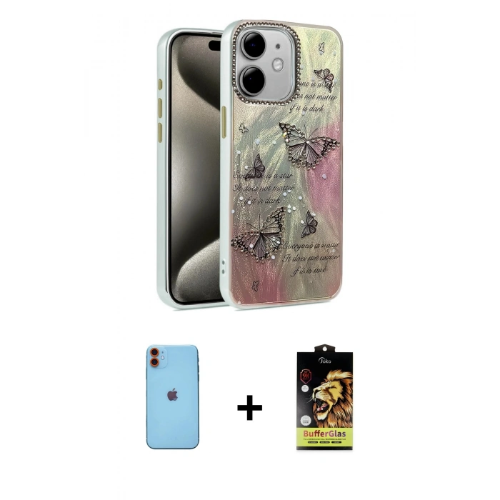 MARSİLYAN™- iPhone 11 Kılıf Zirve Modern Prime - Siyah Buffer Cam Ekran Koruyucu + Neon Fosforlu Kamera Lens - TU