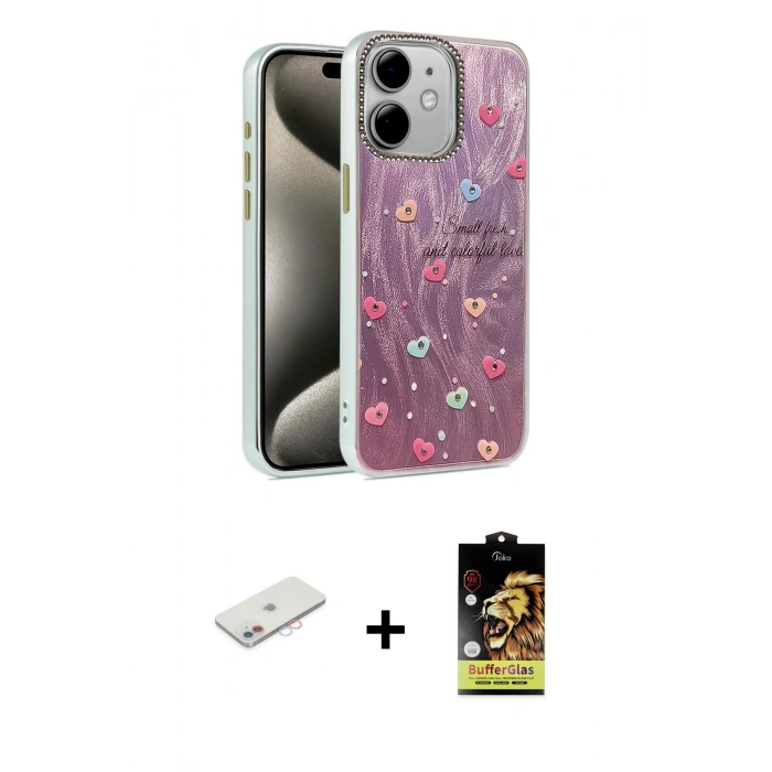MARSİLYAN™- iPhone 11 Kılıf Zirve Modern Prime - Siyah Buffer Cam Ekran Koruyucu + Pembe Renkli Kamera Lens Koruma Cam
