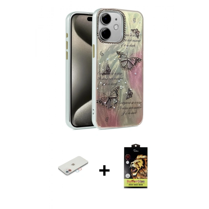 MARSİLYAN™- iPhone 11 Kılıf Zirve Modern Prime - Siyah Buffer Cam Ekran Koruyucu + Pembe Renkli Kamera Lens Koruma Cam