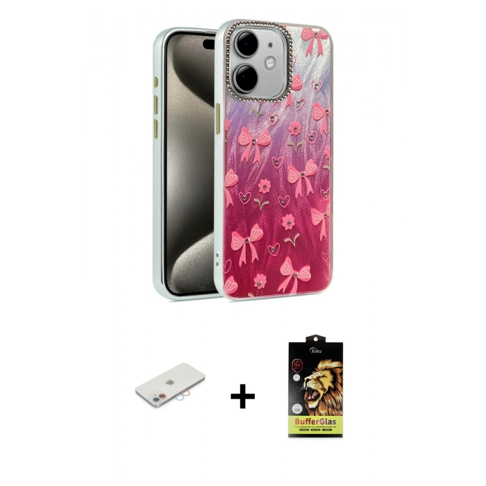 MARSİLYAN™- iPhone 11 Kılıf Zirve Modern Prime - Siyah Buffer Cam Ekran Koruyucu + Pembe Renkli Kamera Lens Koruma Cam
