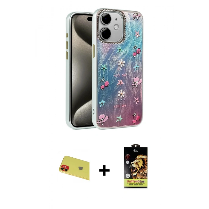 MARSİLYAN™- iPhone 11 Kılıf Zirve Modern Prime - Siyah Buffer Cam Ekran Koruyucu + Rainbow Kamera Lens Koruma Cam - KI