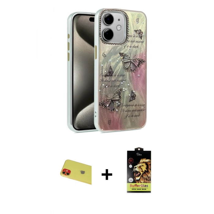 MARSİLYAN™- iPhone 11 Kılıf Zirve Modern Prime - Siyah Buffer Cam Ekran Koruyucu + Rainbow Kamera Lens Koruma Cam - KI