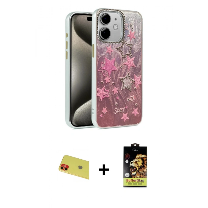 MARSİLYAN™- iPhone 11 Kılıf Zirve Modern Prime - Siyah Buffer Cam Ekran Koruyucu + Rainbow Kamera Lens Koruma Cam - KI