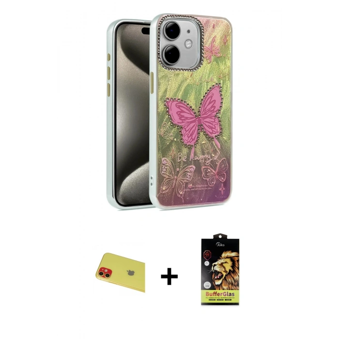 MARSİLYAN™- iPhone 11 Kılıf Zirve Modern Prime - Siyah Buffer Cam Ekran Koruyucu + Rainbow Kamera Lens Koruma Cam - KI
