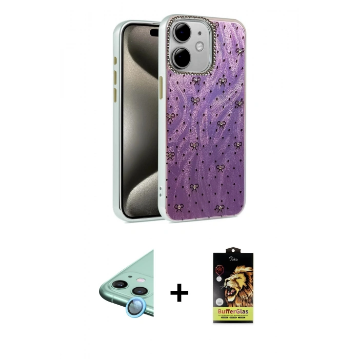 MARSİLYAN™- iPhone 11 Kılıf Zirve Modern Prime - Siyah Buffer Cam Ekran Koruyucu + Raze Metal Kamera Lens - MI