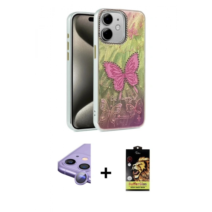 MARSİLYAN™- iPhone 11 Kılıf Zirve Modern Prime - Siyah Buffer Cam Ekran Koruyucu + Raze Metal Kamera Lens - MR