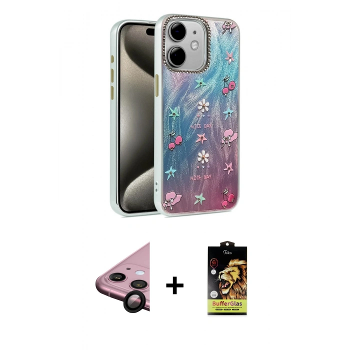 MARSİLYAN™- iPhone 11 Kılıf Zirve Modern Prime - Siyah Buffer Cam Ekran Koruyucu + Raze Metal Kamera Lens - SH