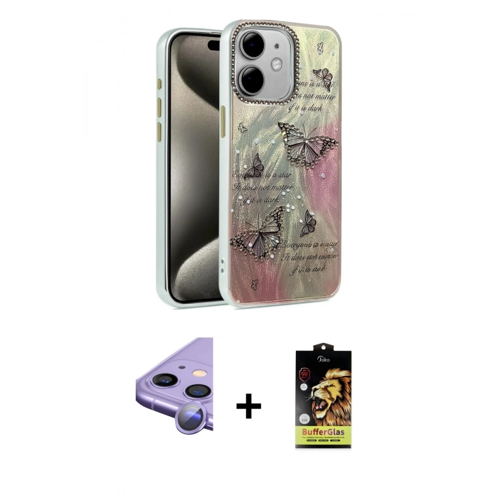 MARSİLYAN™- iPhone 11 Kılıf Zirve Modern Prime - Siyah Buffer Cam Ekran Koruyucu + Raze Metal Kamera Lens - MR