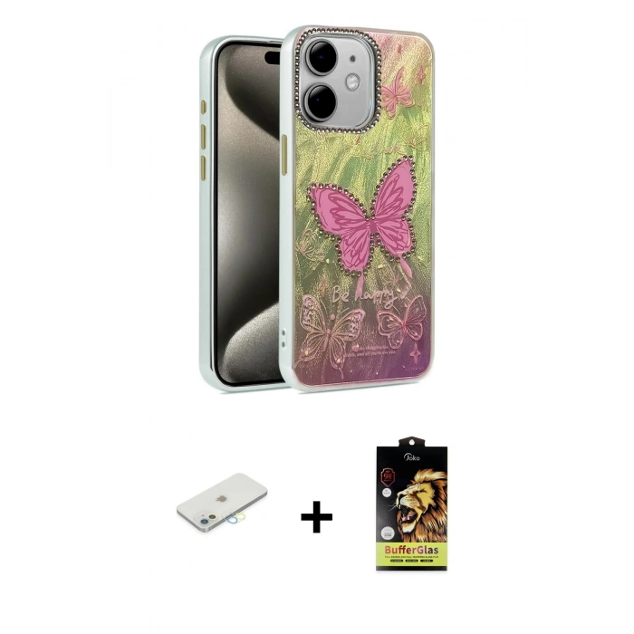 MARSİLYAN™- iPhone 11 Kılıf Zirve Modern Prime - Siyah Buffer Cam Ekran Koruyucu + Renkli Kamera Lens Koruma Cam - SI