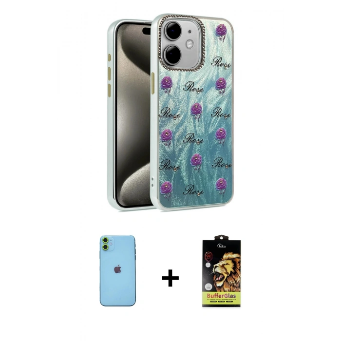 MARSİLYAN™- iPhone 11 Kılıf Zirve Modern Prime - Siyah Buffer Cam Ekran Koruyucu + Yeşil Neon Fosforlu Kamera Lens