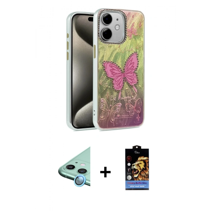 MARSİLYAN™- iPhone 11 Kılıf Zirve Modern Prime - Siyah Buffer Hayalet Cam Ekran Koruyucu + Raze Metal Kamera Lens - MI