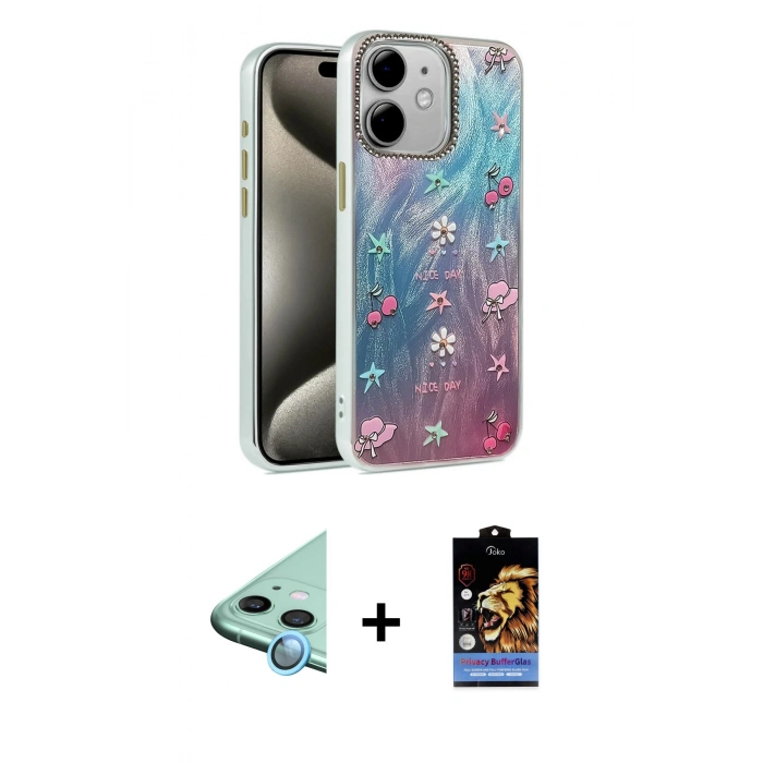 MARSİLYAN™- iPhone 11 Kılıf Zirve Modern Prime - Siyah Buffer Hayalet Cam Ekran Koruyucu + Raze Metal Kamera Lens - MI
