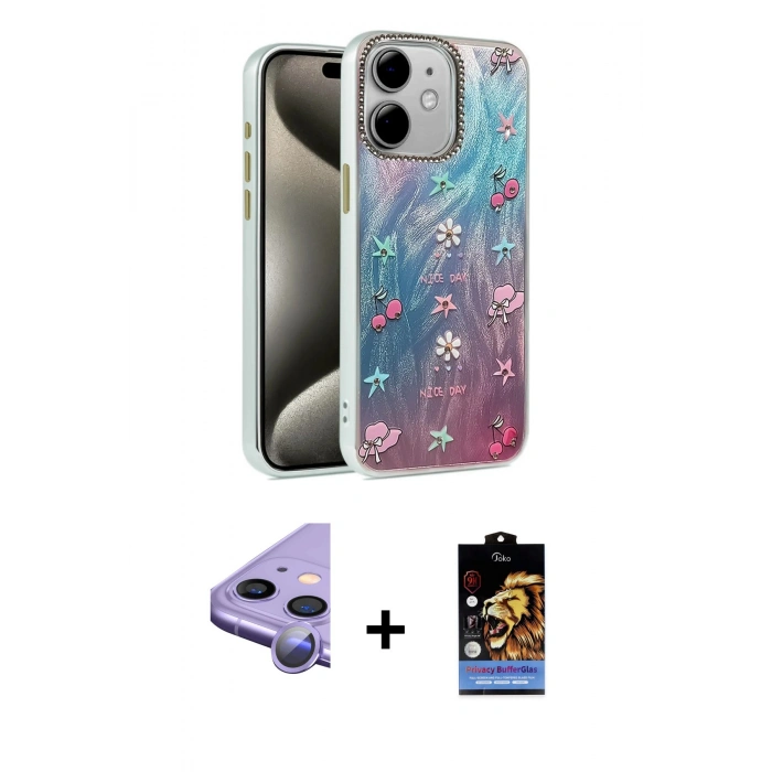 MARSİLYAN™- iPhone 11 Kılıf Zirve Modern Prime - Siyah Buffer Hayalet Cam Ekran Koruyucu + Raze Metal Kamera Lens - MR