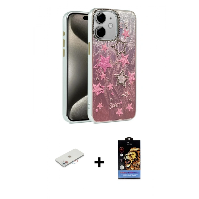 MARSİLYAN™- iPhone 11 Kılıf Zirve Modern Prime - Siyah Buffer Hayalet Cam Ekran Koruyucu + Renkli Kamera Lens Koruma Cam - PE