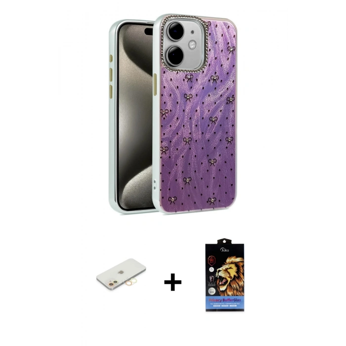 MARSİLYAN™- iPhone 11 Kılıf Zirve Modern Prime - Siyah Buffer Hayalet Cam Ekran Koruyucu + Sarı Renkli Kamera Lens Koruma Cam