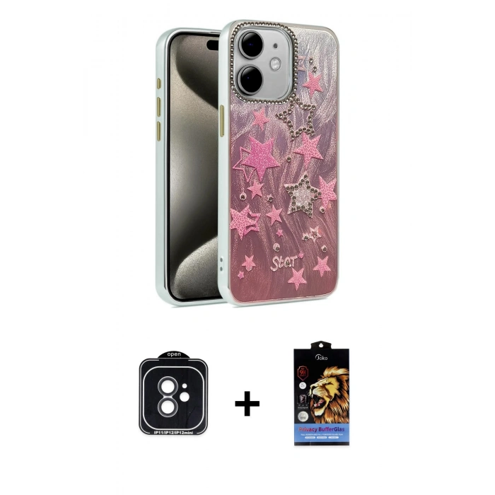 MARSİLYAN™- iPhone 11 Kılıf Zirve Modern Prime - Siyah Buffer Hayalet Cam Ekran Koruyucu + PVD Metal Kamera Lens - SH