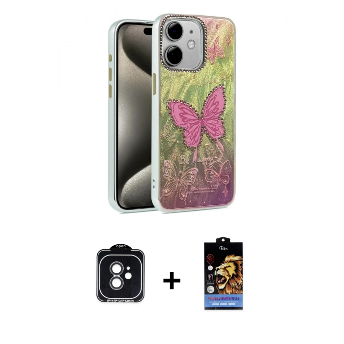 MARSİLYAN™- iPhone 11 Kılıf Zirve Modern Prime - Siyah Buffer Hayalet Cam Ekran Koruyucu + PVD Metal Kamera Lens - SH
